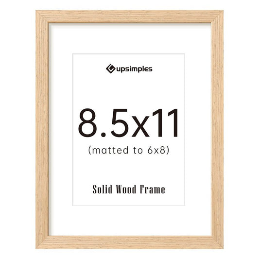 upsimples 8.5 by 11 Picture Frame, Natural Solid Wood Picture Frames, Display 6x8 with Mat or 8.5 x 11 Without, Wall or Tabletop, 1 Pack, Natural