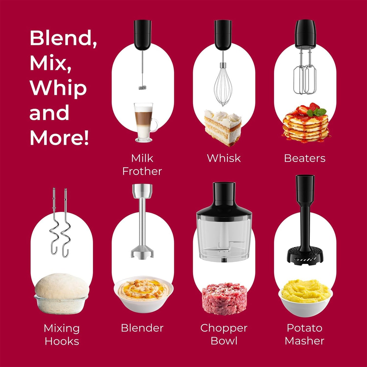MuellerLiving Immersion Hand Blender Set - 8-Speed Mixer with Stainless Steel Blade & 7 Attachments