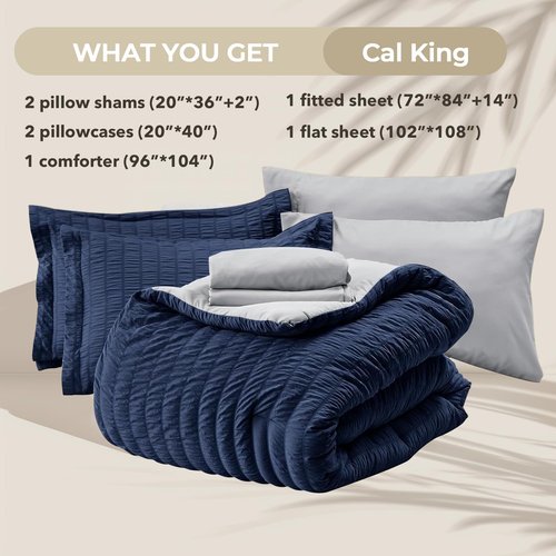 HYMOKEGE Navy Blue/Light Grey California King Comforter Set Seersucker 7 Pieces, All Season Luxury Bed in a Bag for Bedroom, Bedding Set with Comforter, Sheets, Pillowcases & Shams