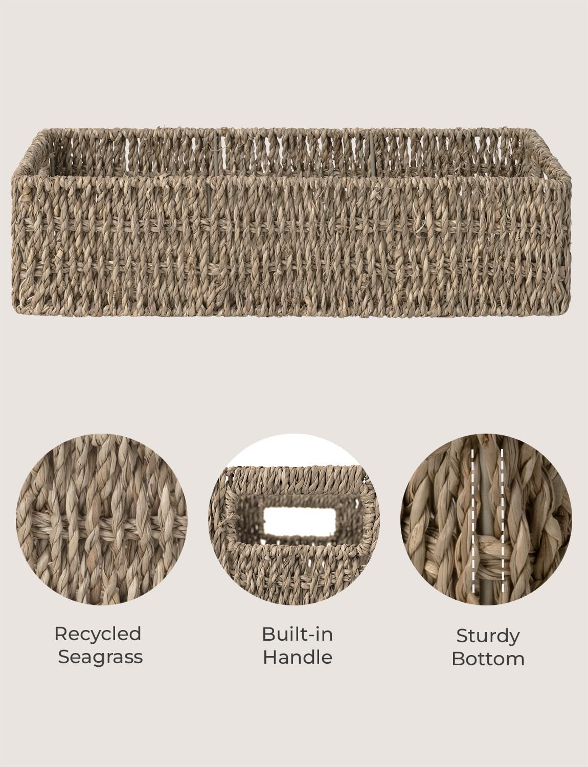 StorageWorks Seagrass Baskets - Stylish Bathroom Decor Box with Handles | 14.25"L x 6.5"W x 3.75"H