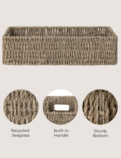 StorageWorks Seagrass Baskets - Stylish Bathroom Decor Box with Handles | 14.25"L x 6.5"W x 3.75"H