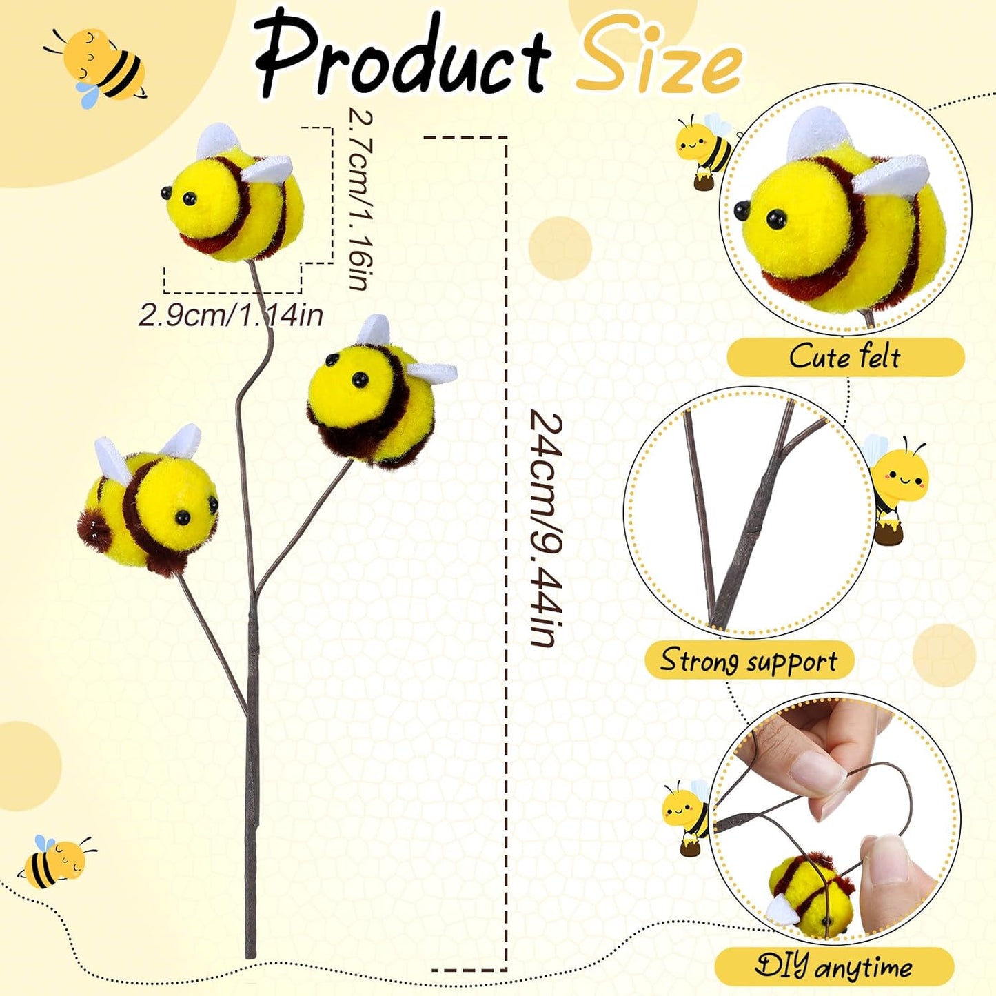 Suncalla 12 Pcs Felt Bee Stems - Adorable Honeybee Decorations for Baby Showers & Parties | Perfect for Vases & Centerpieces