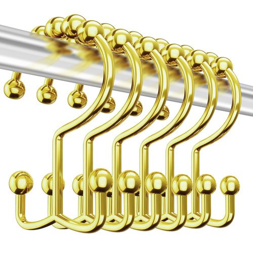 ZASZO Upgraded 304 Stainless Steel Shower Curtain Hooks, 12-Pack Rust-Proof Heavy Duty Gold Shower Curtain Rings, Double Hook Glide Bathroom Hardware Set