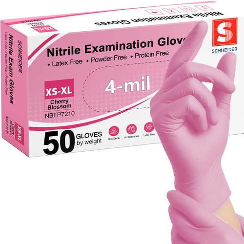 Schneider Nitrile Exam Gloves, 4-mil Medical Gloves Disposable Latex Free, Powder Free, Food Safe Glove for Cooking, Cleaning, Examination, Cherry Blossom, Large, 50-ct Box
