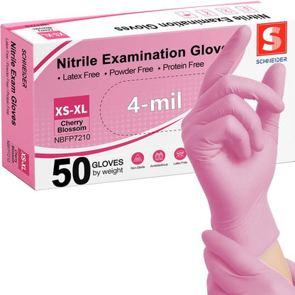 Schneider Nitrile Exam Gloves, 4-mil Medical Gloves Disposable Latex Free, Powder Free, Food Safe Glove for Cooking, Cleaning, Examination, Cherry Blossom, Large, 50-ct Box