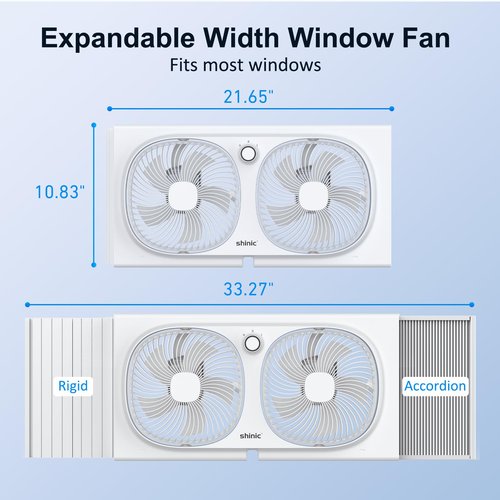 shinic 9" Twin Window Fan with 180°+90° Rotatable Fans, 2-Speeds, Vertical Window Fan with Rigid & Accordion Expanders, Width Adjustable (21.65" to 33.27"), Ideal for Home, Kitchen, Bedroom, Office