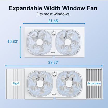 shinic 9" Twin Window Fan with 180°+90° Rotatable Fans, 2-Speeds, Vertical Window Fan with Rigid & Accordion Expanders, Width Adjustable (21.65" to 33.27"), Ideal for Home, Kitchen, Bedroom, Office