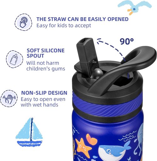 Fanhaw Insulated Kids Water Bottle - 18 Oz Stainless Steel, Leakproof & BPA Free | Blue Ocean