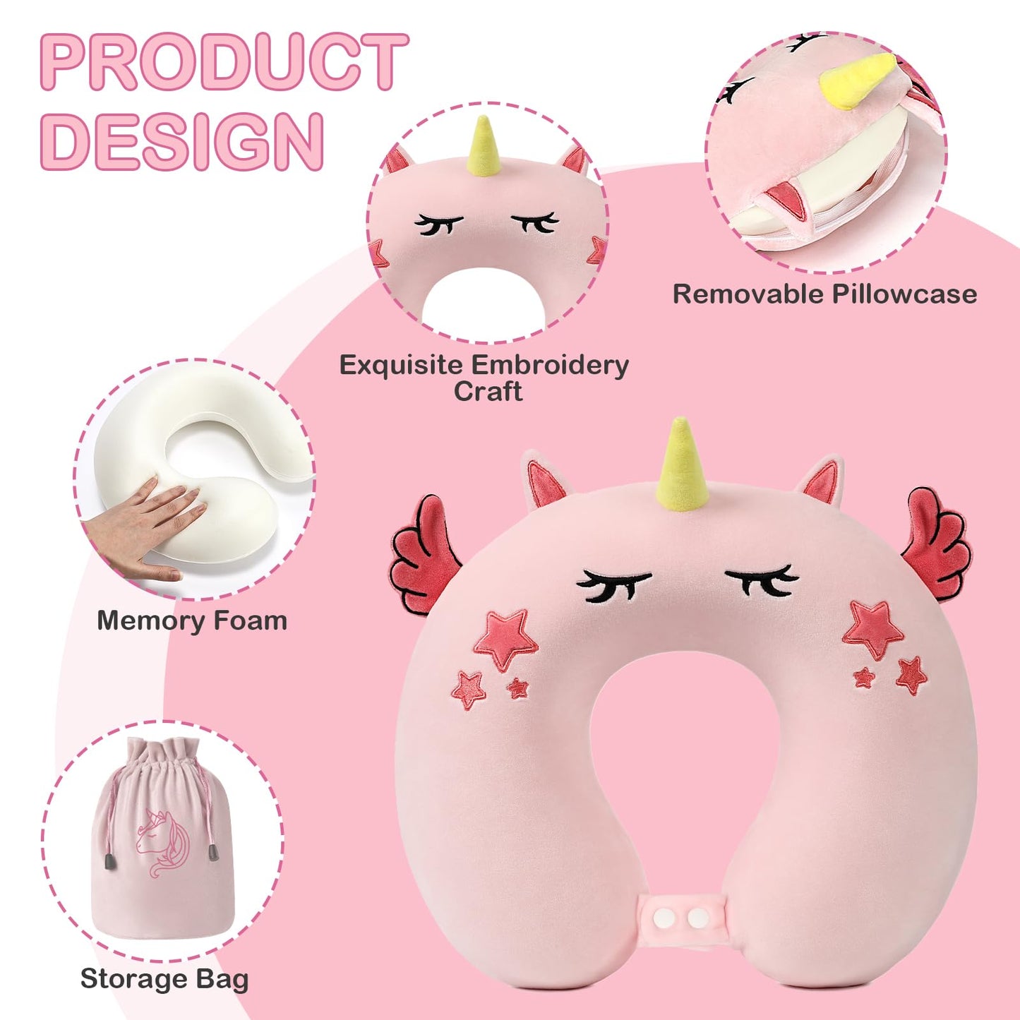 urnexttour Kids Travel Pillow, Cute Unicorn Memory Foam Neck Pillow with Travel Bag, Soft Adjustable Airplane Pillow for Chin Support, Headrest and Sleeping - Pink