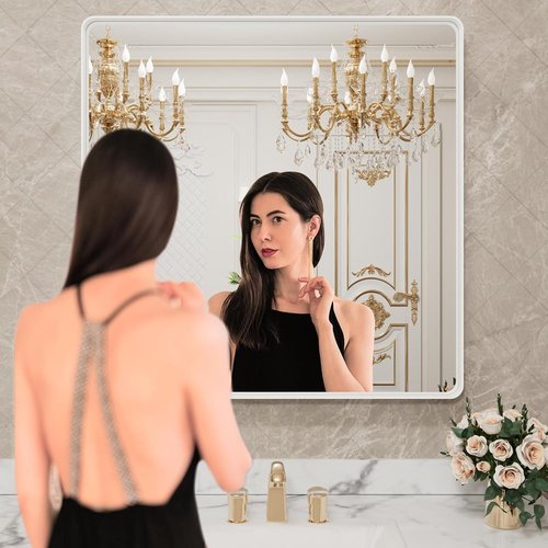 LOAAO White Metal Framed Bathroom Mirror - Large 30x30 Inch Rounded Rectangle, Anti-Rust Tempered Glass | Versatile Horizontal/Vertical Hanging