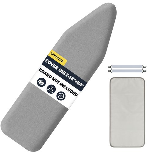 UniSimp Ironing Board Cover and Pad 18"x54" Extra Thick Natural Cotton, Scorch and Stain Resistant Iron Board Cover, Extra Large Iron Board Cover with Fasteners Heavy Duty Heatproof Elastic Edge Gray