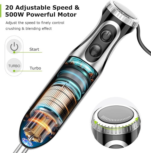 Bonsenkitchen Immersion Blender - 20-Speed Handheld Mixer with Turbo Mode & Stainless Steel Blade | Includes Whisk, Beaker & Chopper Bowl