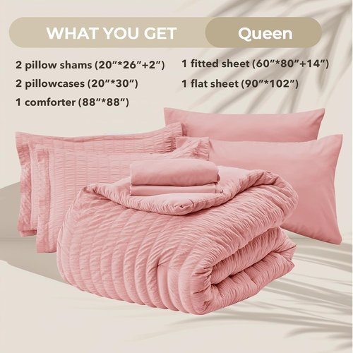 HYMOKEGE Queen Comforter Set - Luxury 7-Piece Seersucker Bedding in Rose Pink | All-Season Comfort