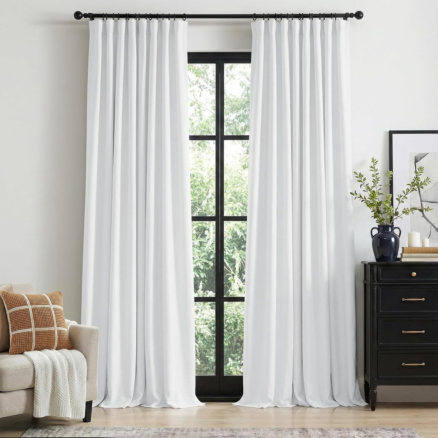 Skiennix 100% Blackout Curtains - Thermal Insulated Faux Linen | 84" Length, 2 Panels, Bright White