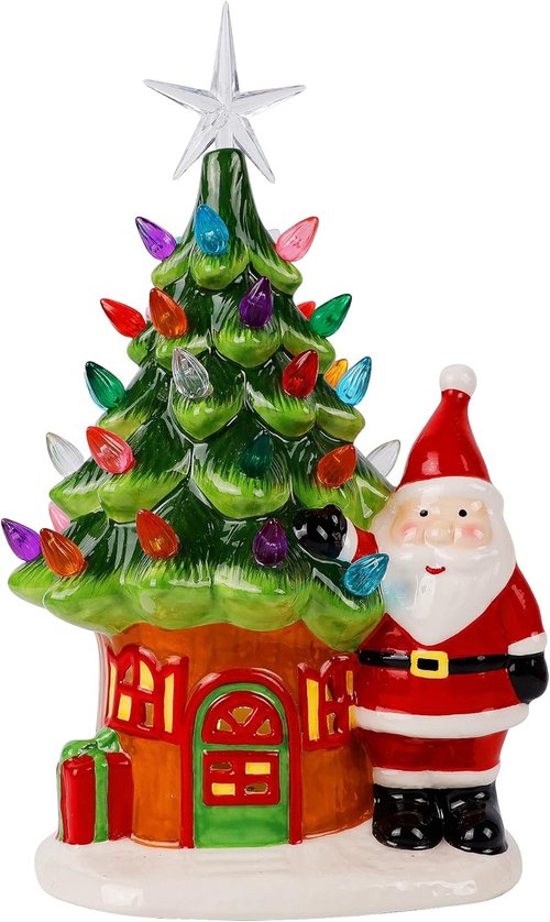Juegoal Lighted Ceramic Christmas Tree - 11" Pre-Lit Tabletop Decoration with Santa & Multicolor Bulbs