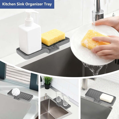 Skiennix Silicone Sponge Holder - Self-Draining Kitchen Sink Caddy | Gray, 10"x4" Soap Tray