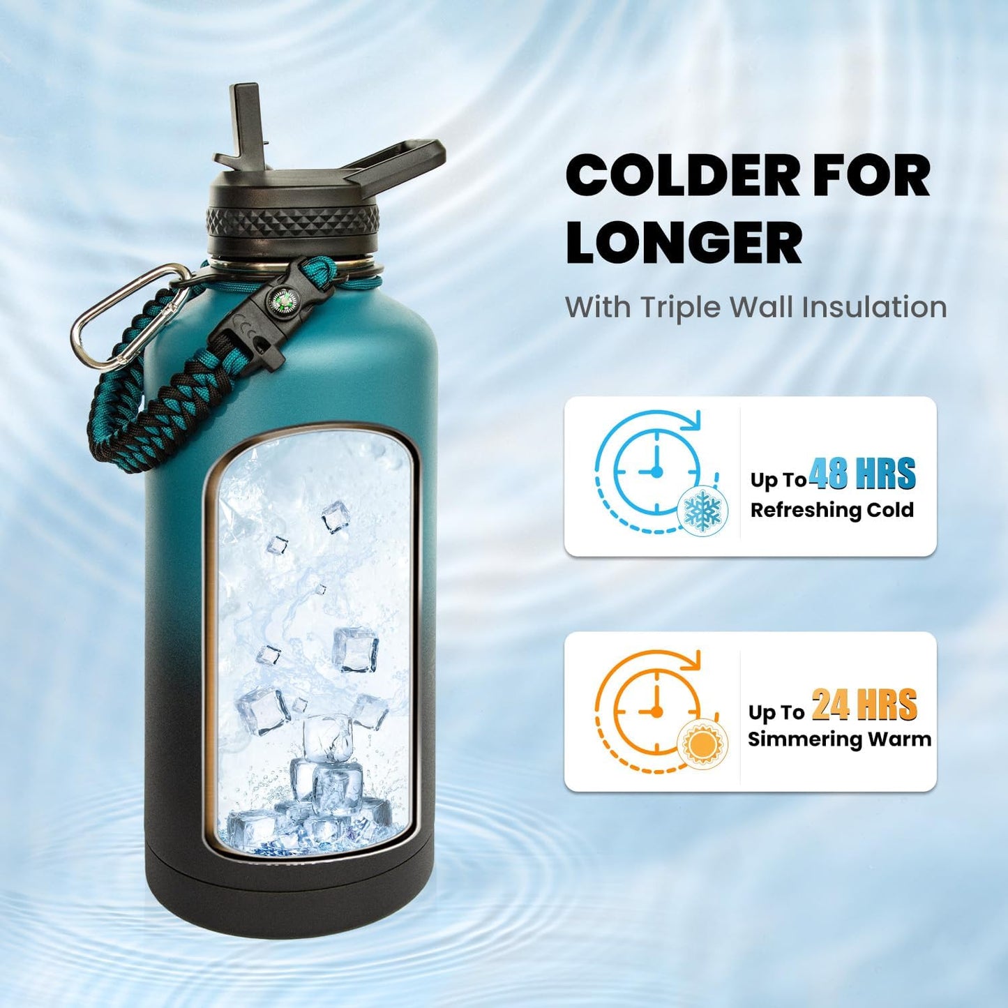 Skiennix Insulated Water Bottle - 87 Oz Triple Wall Vacuum Stainless Steel | Cold for 48 Hrs, Leak Proof, Indigo/Black