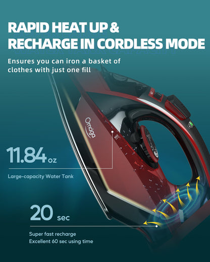 Omaiga 1500W Cordless Iron for Clothes, Wireless Steam Iron with Rapid Heating & Auto Shut Off, for Effective Wrinkle Removal