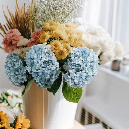 Kisflower Blue Hydrangea Flowers - 6pcs Faux Silk Hydrangeas for Home & Wedding Decor