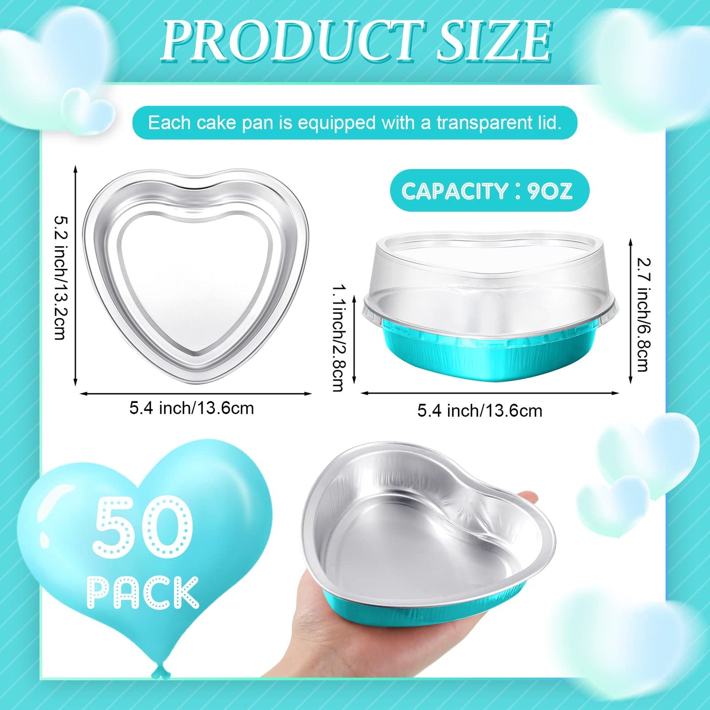 Yinkin 50 Set 9 oz Mother's Day Heart Shaped Cake Pans 5.4 Inch Heart Aluminum Foil Cupcake Pans with Lids Disposable Dessert Baking Cups Pans for Mother Valentine Wedding Birthday Muffin Pie(Blue)