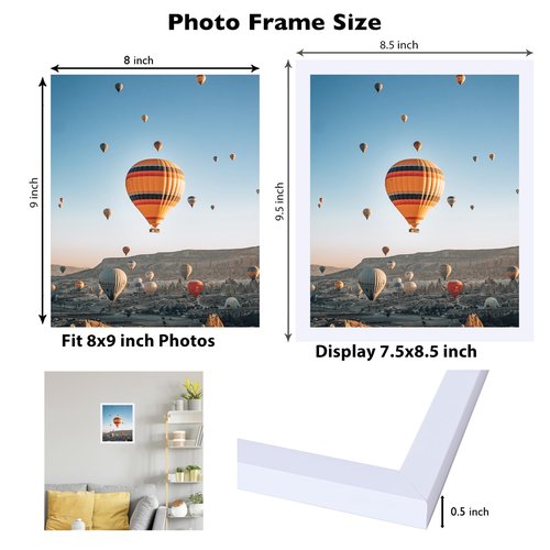 JCJMY 8x9 Picture Frame White for Wall Hanging or Tabletop, Wall Mounting Horizontally or Vertically, 8 x 9 Wall Gallery Poster Photo Frame with Shatter Resistant Plastic Plexiglass, White
