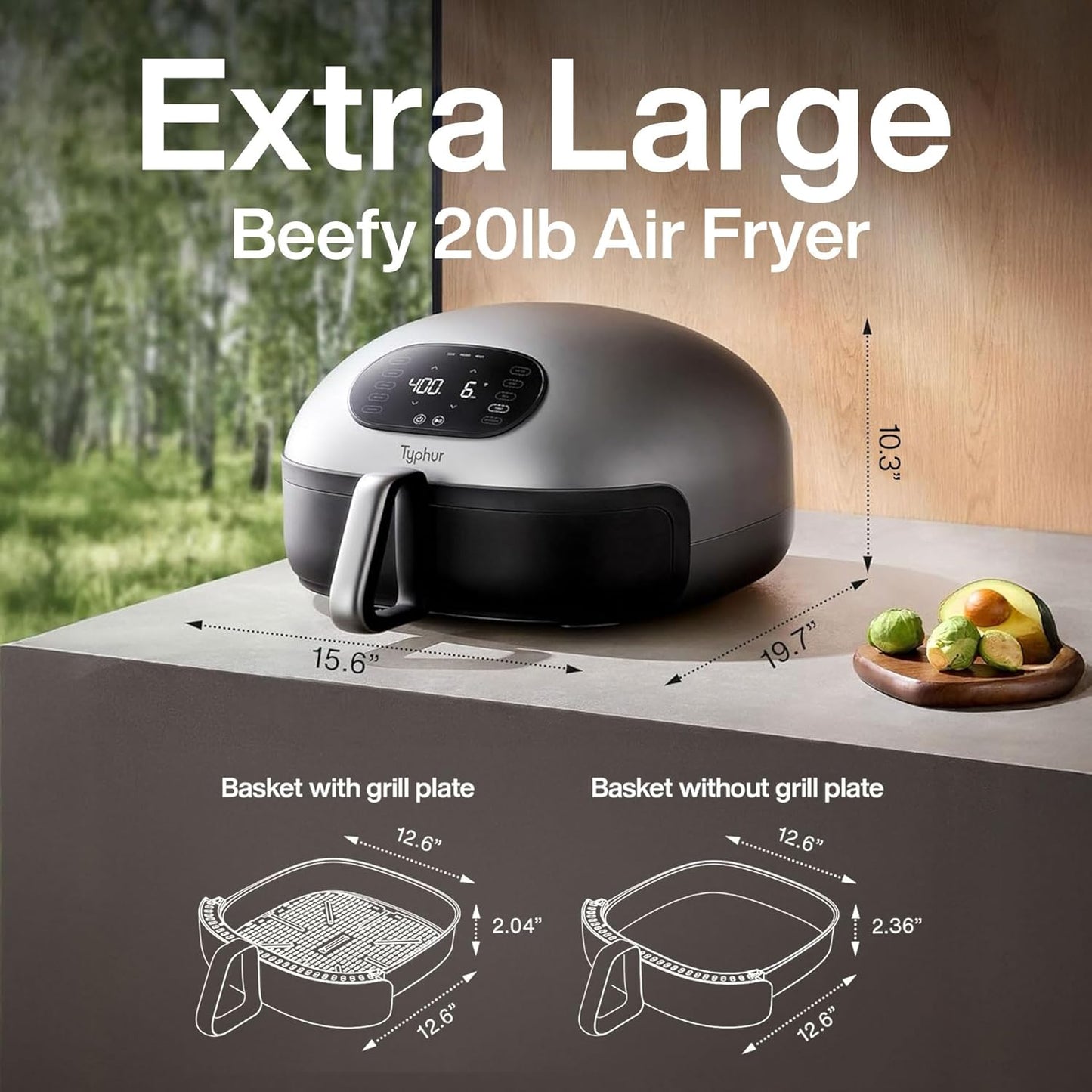 Typhur Dome 2 AI Smart Air Fryer - Large Flat Design with Self-Cleaning Ceramic Basket | Fits 12" Pizza