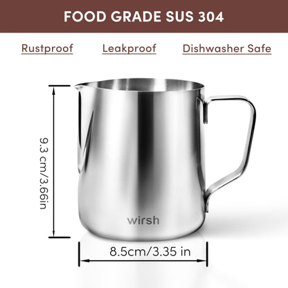 Milk Frothing Pitcher-Wirsh 12oz Steaming Pitcher for Milk Frothing, Milk Frother Cup for Espresso,Cappuccino,Latte Art, Stainless Steel Jug Pitcher