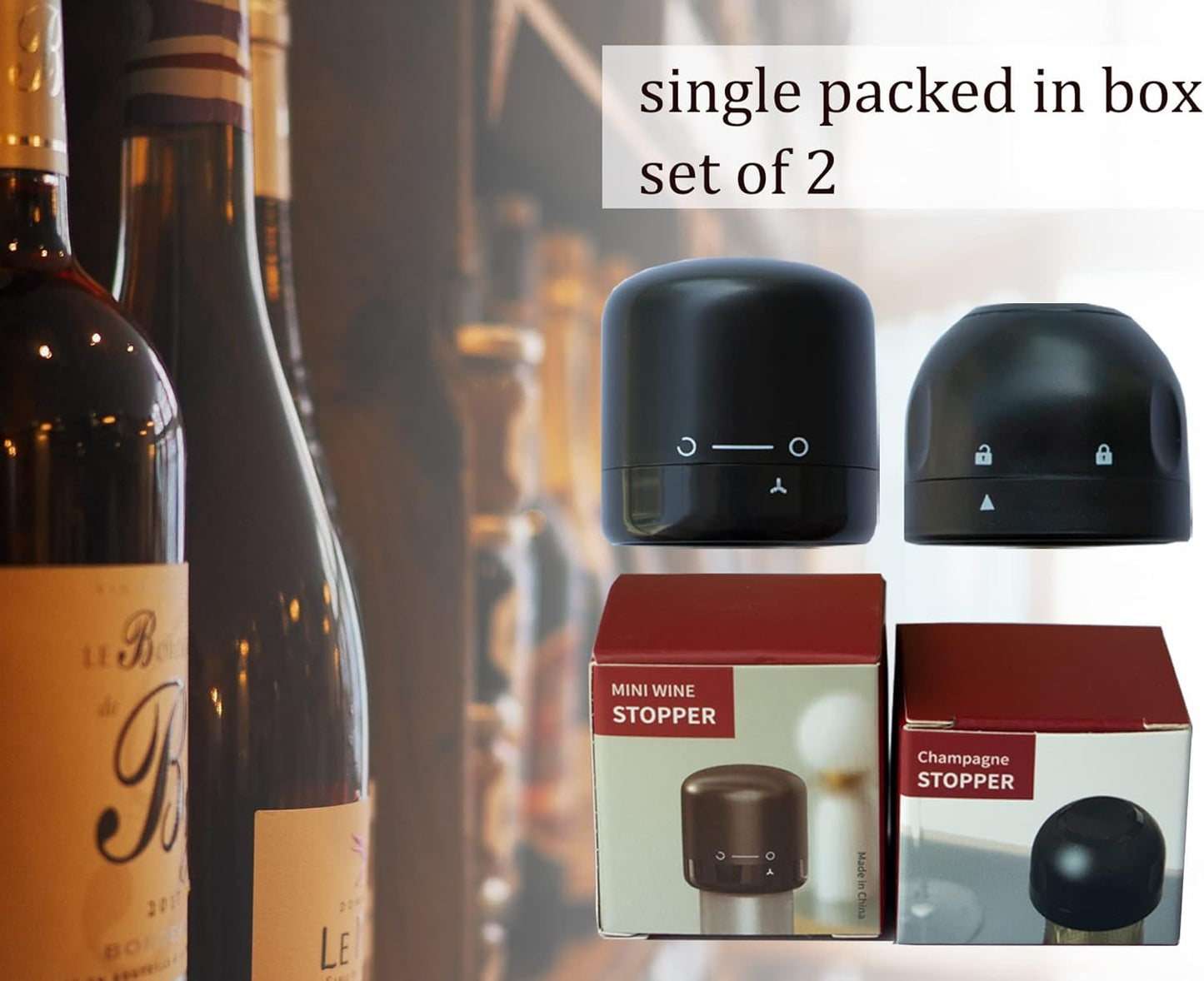 Wine and Champagne Stoppers， 2Pack Champagne and Wine Bottle Stopper, Reusable Leakproof Wine & Champagne Sealer, Keep Champagne & Wine Fresh