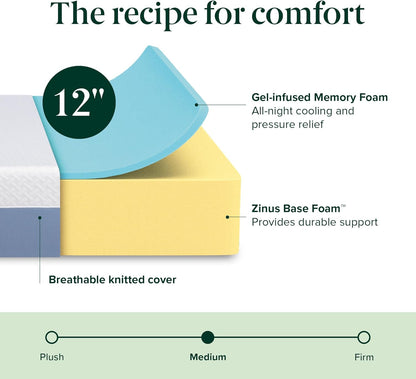Zinus 12 Inch King Cooling Memory Foam Mattress - Fiberglass Free, Medium Feel, Breathable Design