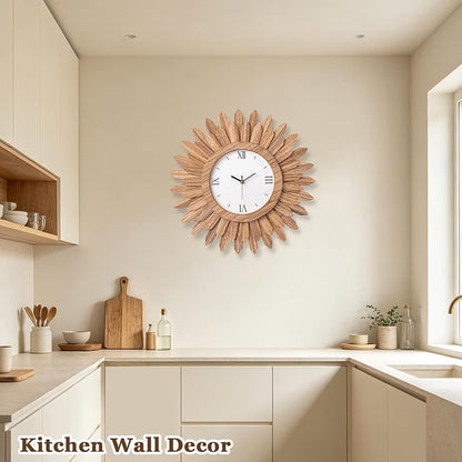 18 Inch Large Wall Clock - Silent Battery Operated Boho Sunburst Rustic Wood with Roman Numerals - Variation: Rustic Brown+18 inch
