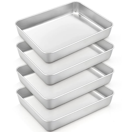 TeamFar Rectangular Cake Pan, 10.5’’ x 8’’ x 2’’ Stainless Steel BakingLasagna Cake Pan, Non-Toxic & Heavy Duty, Brushed Surface & Deep Side, Easy Clean & Dishwasher Safe - 4 PCS