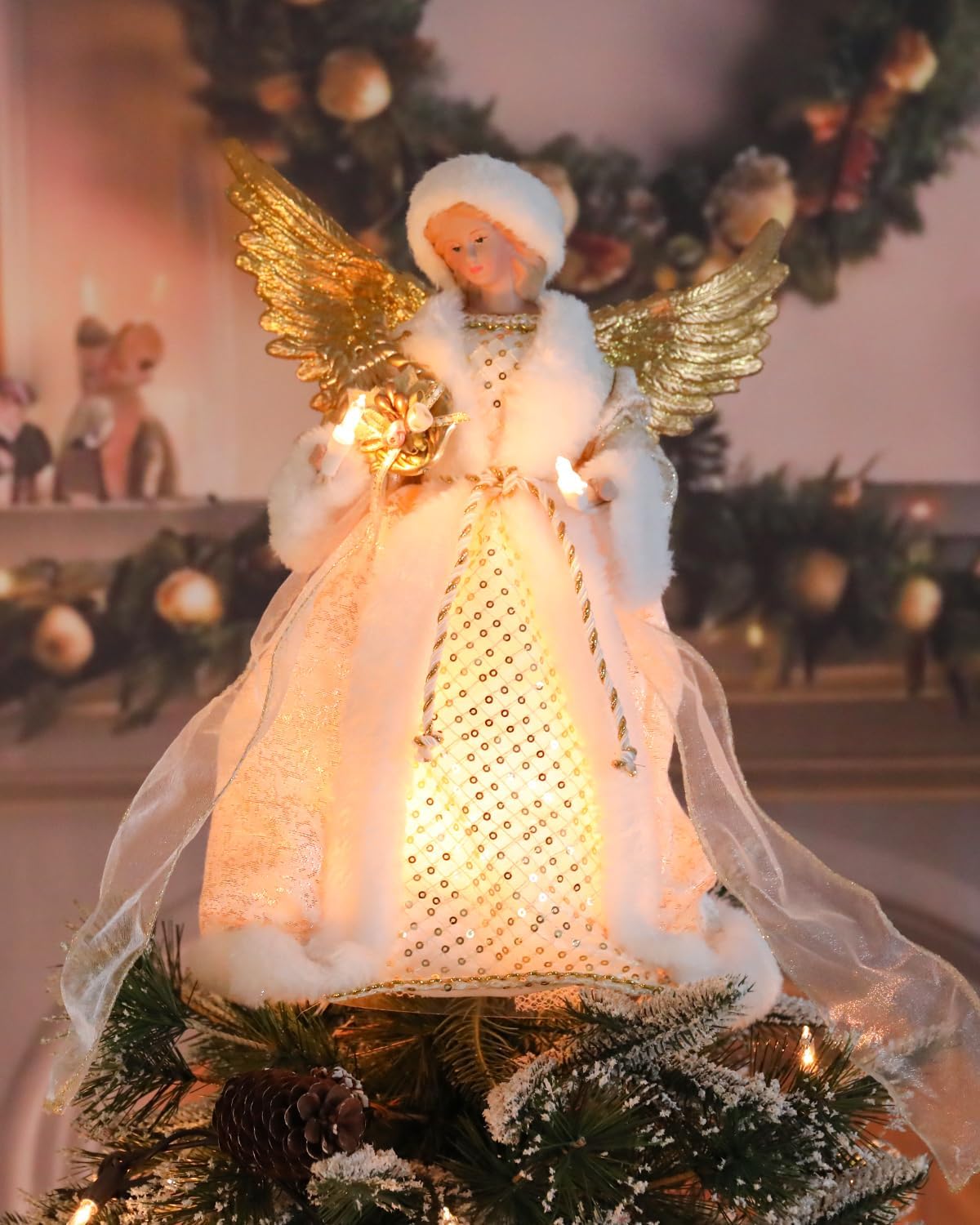 Bdor 14-Inch Christmas Tree Topper Angel - Lighted Golden Wings & Elegant White Gold Design for Holiday Décor