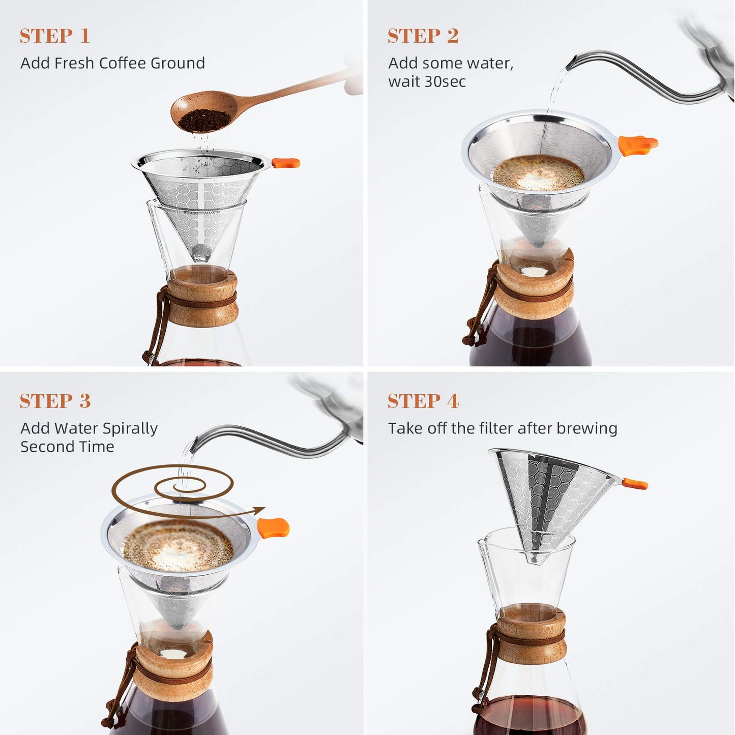 E-PRANCE Pour Over Coffee Dripper, Stainless Steel Coffee Filter Reusable Pour Over Coffee Filter Cone Coffee Dripper with Removable Cup Stand and Bonus Brush