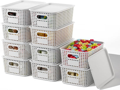 ORGIDOL Plastic Storage Baskets - 10 Pack Stackable Bins with Lids for Organizing | White