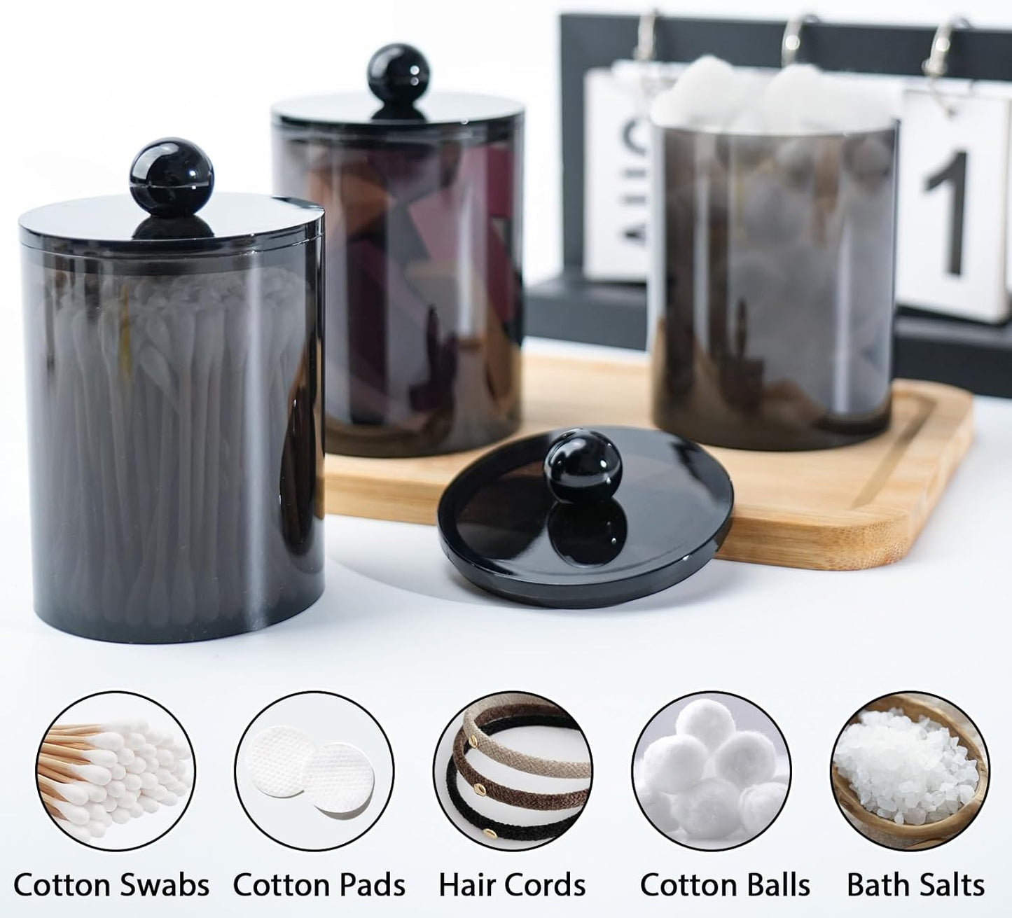 XIPENGKEJI Qtip Holder Set - Stylish Canister Jars for Cotton Swabs & Pads | 10oz-12oz Black Bathroom Organizers