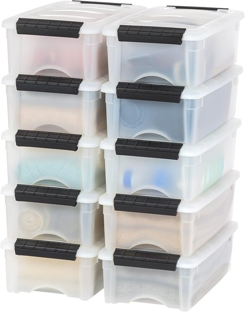 IRIS USA Stackable Plastic Storage Bins - 6 Qt, 10 Pack, BPA-Free, Durable Lids, Pearl Color