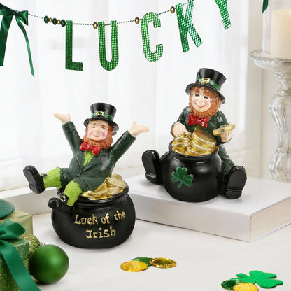 Skiennix St. Patrick's Day Decorations - Lucky Leprechaun Figurines Set of 2 | Resin Statues with Pot of Gold for Home Decor