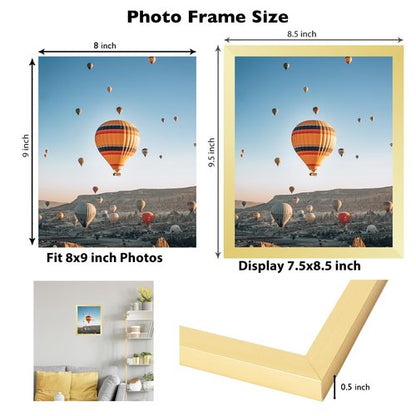 JCJMY 8x9 Picture Frame Gold for Wall Hanging or Tabletop, Wall Mounting Horizontally or Vertically, 8 x 9 Wall Gallery Poster Photo Frame with Shatter Resistant Plastic Plexiglass, Gold