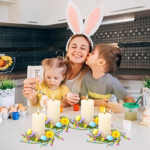 Jansun Easter Candle Rings - 4 Pcs Mini Wreaths with Pink & Blue Eggs for Table Centerpieces