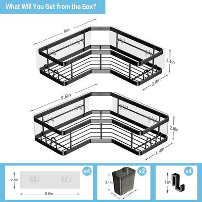 AKTECKE Corner Shower Caddy - 2 Pack Adhesive Organizer Shelves | No-Drill Stainless Steel Storage Rack for 90° Corners