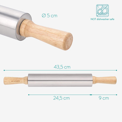 Navaris Stainless Steel Rolling Pin - 17" Non Stick Metal Roller with Wood Handles for Baking, Cooking, Cookies, Biscuits, Pizzas, Dough, Pastry