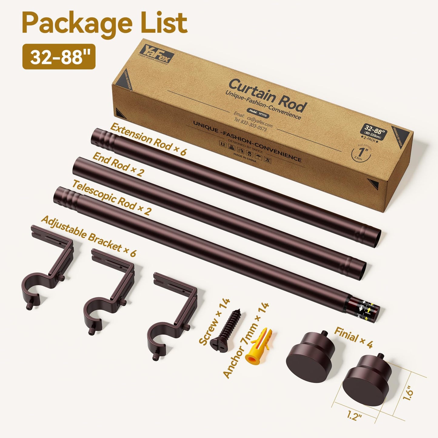 YaFex Curtain Rods 2 Pack 32-84 Inch, Heavy Duty 1 Inch Curtain Rod, Bronze Long Adjustable Window Treatment Rods, Modern Design, Easy Installation
