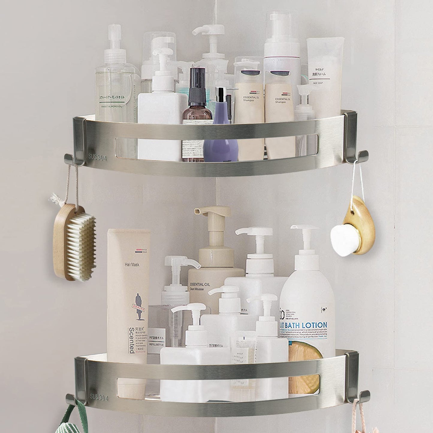NearMoon Bathroom Shower Caddy 2 Pack, No Drill 304 Stainless Steel Shower Organizer with 2 Hooks (Corner Shelf, Brushed Nickel)