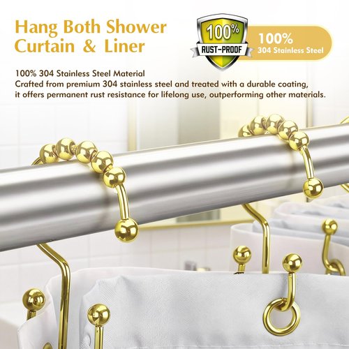 ZASZO Upgraded 304 Stainless Steel Shower Curtain Hooks, 12-Pack Rust-Proof Heavy Duty Gold Shower Curtain Rings, Double Hook Glide Bathroom Hardware Set