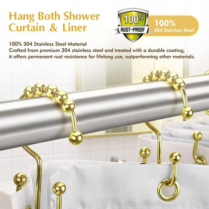 ZASZO Upgraded 304 Stainless Steel Shower Curtain Hooks, 12-Pack Rust-Proof Heavy Duty Gold Shower Curtain Rings, Double Hook Glide Bathroom Hardware Set