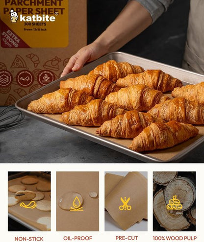 Katbite Parchment Paper - 300 Sheets of Heavy-Duty, Unbleached Non-Stick Baking Paper | 12x16 In for Air Fryer & Grilling