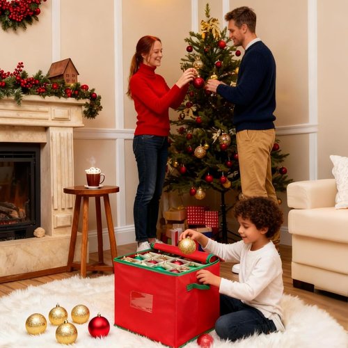 Christmas Ornament Storage Box - Red Oxford Canvas Case for 64 Ornaments | 4 Removable Trays