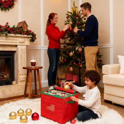 Christmas Ornament Storage Box - Red Oxford Canvas Case for 64 Ornaments | 4 Removable Trays