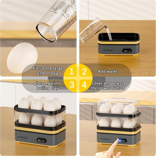 Evoloop Rapid Egg Cooker - Electric 12-Egg Capacity for Soft, Medium, Hard Boiled & Poached Eggs | BPA-Free Grey Design