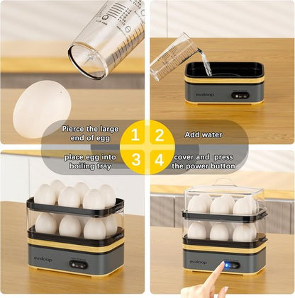 Evoloop Rapid Egg Cooker - Electric 12-Egg Capacity for Soft, Medium, Hard Boiled & Poached Eggs | BPA-Free Grey Design